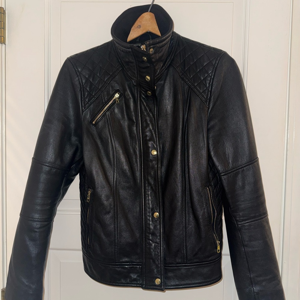 Cole Haan Quilted Moto Black Leather Jacket